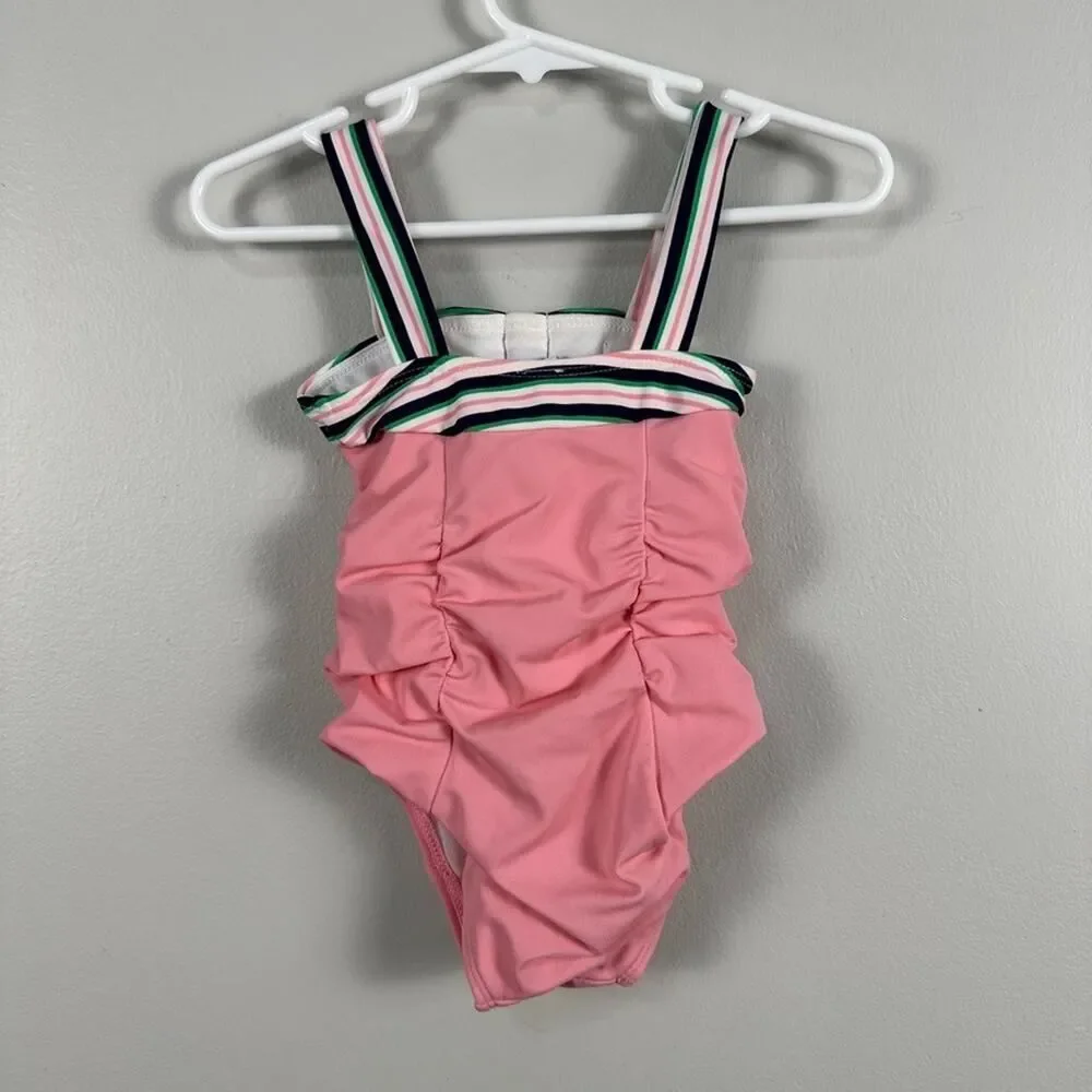 Janie and Jack Girls One Piece Swimsuit Size 6-12 Months Pink Stripe Bow Swim